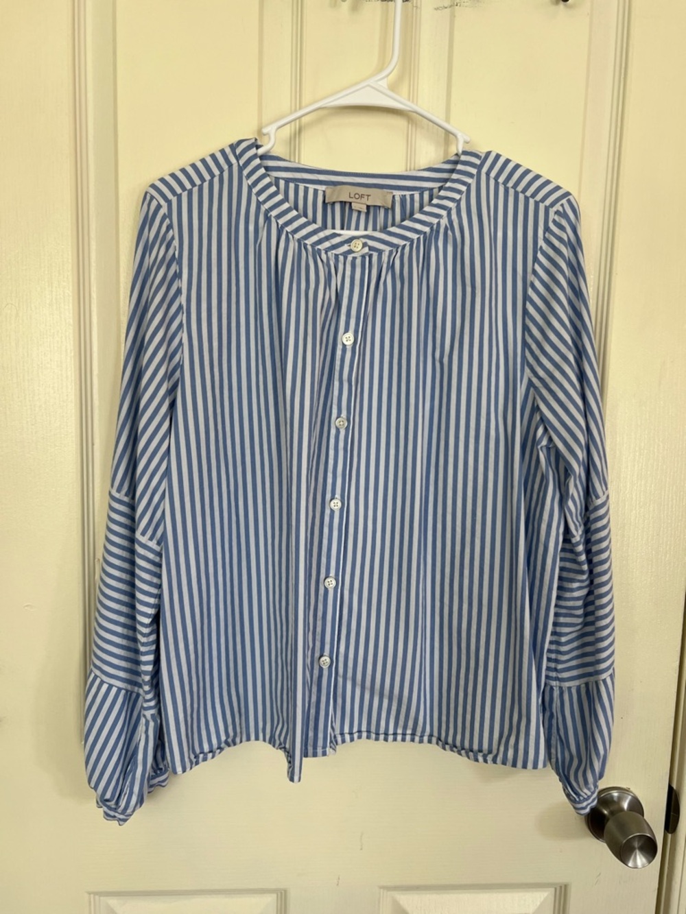 LOFT Blue White Striped Blouse | Button Front Bell Sleeve Top | Size L
